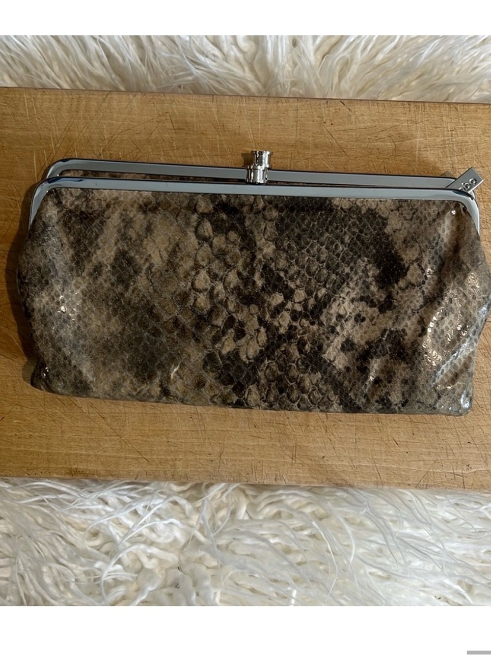 HOBO international Lauren Wallet Clutch Double Silver Frame Snake Print Tan Grey